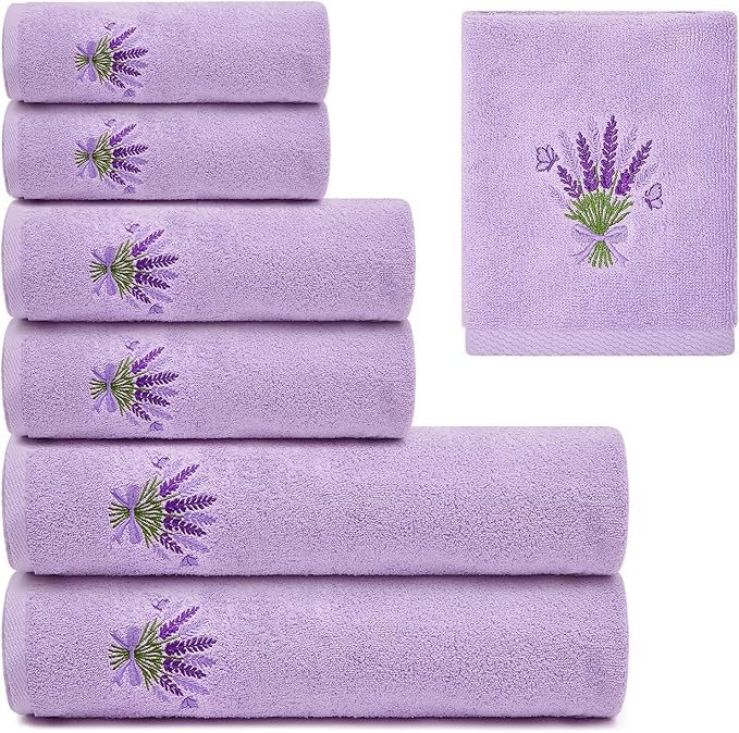 Peryiter 6 Pack Cotton Purple Lavender Bath Towels Set Christmas Towels for Bathroom, Soft and Absorbent, Contains 2 Bath Cloth, 2 Hand Cloth and 2 Washcloths
