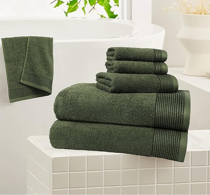 Belizzi Home 100% Cotton Ultra Soft 6 Pack Towel Set, Contains 2 Bath Towels 28x55 inchs, 2 Hand Towels 16x24 inchs & 2 Washcloths 12x12 inchs, Compact Lightweight & Highly Absorbant - Olive Green