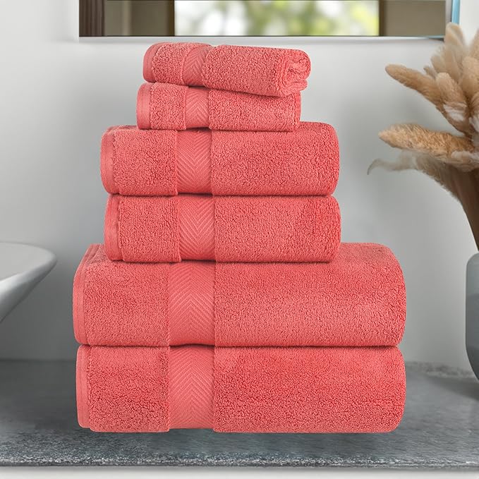 Superior Zero Twist 100% Cotton Bathroom Towels, Super Soft, Fluffy, and Absorbent, Premium Quality 6 Piece Towel Set with 2 Washcloths, 2 Hand Towels, and 2 Bath Towels, Coral