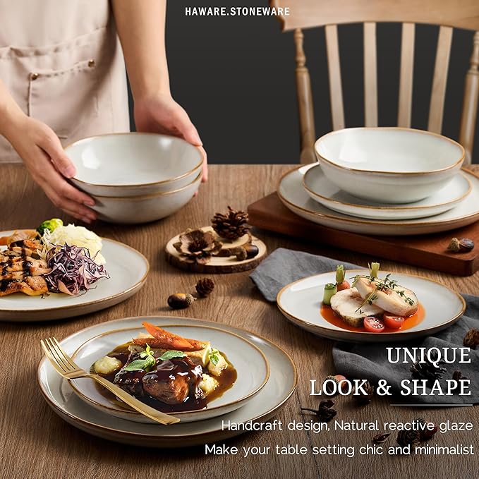 HaWare Plates and Bowls Set, Stoneware Dinnerware Sets, 24-Piece Hand-painted Dishware for 6, Ceramic Dish Set for Home Kitchen, Scratch Resistant, Microwave and Dishwasher Safe, Reactive Pearl White