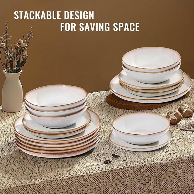 Herogo 18 Piece Stoneware Dinnerware Sets for 6, Plates and Bowls Dinner Dish Set, Irregular Handmade Dinning Ware Dishware for Home Kitchen, Microwave & Dishwasher Safe, Pearl White