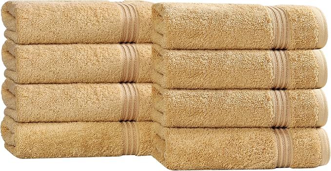 Superior Egyptian Cotton 8-Piece Hand Towel Set, Towel Basics for Quick Dry, Absorbent Small Towels, Facial, Spa, Kitchen, Bathroom Essentials, Apartment, Guest Bath, Soft, Washcloth, Gold