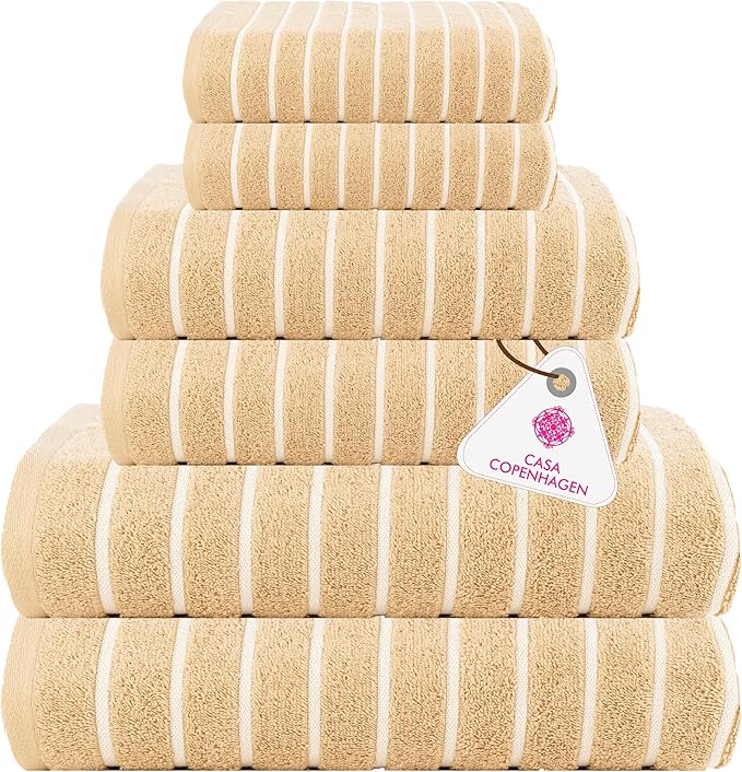CASA COPENHAGEN Ecstatic 6 Pieces Towel Set- Beige, 600 GSM 2 Bath Towel 2 Hand Towel 2 Washcloth, Designed in Denmark Made of Soft Egyptian Cotton for Bathroom, Kitchen & Shower