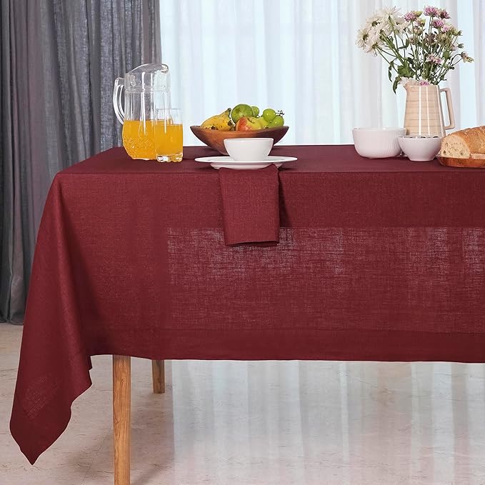 D'Moksha Homes Linen Tablecloth 60 x 90 Inch - 100% Pure Linen Dark Red Tablecloth for Rectangle Tables - Machine Washable Table Cloth for Winter, Holiday, New Year