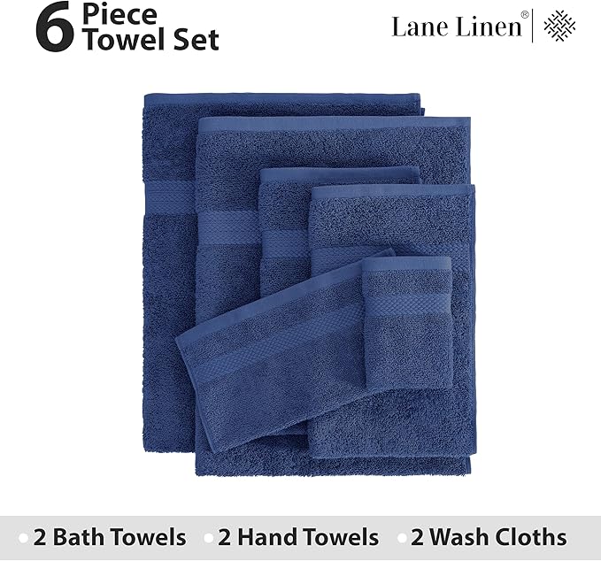 LANE LINEN 100% Cotton Bathroom Towel Set - 6 Pieces - Ring Spun, Super Soft & Highly Absorbent - 2 Bath, 2 Washcloths, 2 Hand Towels for Bathroom - Minimal Lint & Fading, Pre Shrunk - Navy Blue