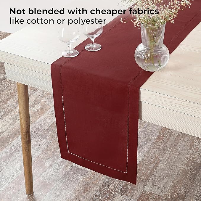 D'Moksha Homes Linen Dark Red Table Runner 132 Inches Long - 100% Pure Linen Extra Long Table Runner 14 x 132 Inch for Winter, Holiday, New Year - Classic Hemstitch