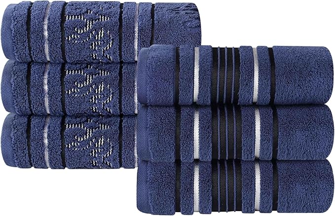 Superior Cotton Hand Towel Set, Small Towels, Plush Soft Absorbent Bathroom Basics, Home Essentials, Spa, Salon, Hotel, Kitchen, Luxury Quick Drying, Zero Twist Assorted Floral Set of 6, Navy Blue