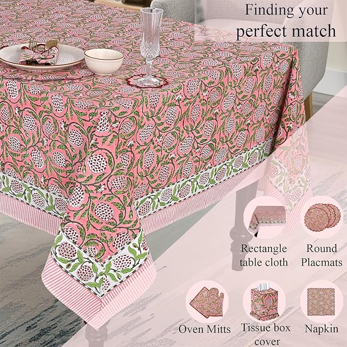 Ridhi Strawberry Pink Hand Block Print Cotton Rectangle Tablecloth 60" x 60" inches Reusable Table Cover Decorative Everyday Use for Dining, Farmhouse, Home, Party, Festive, Wedding, Fall