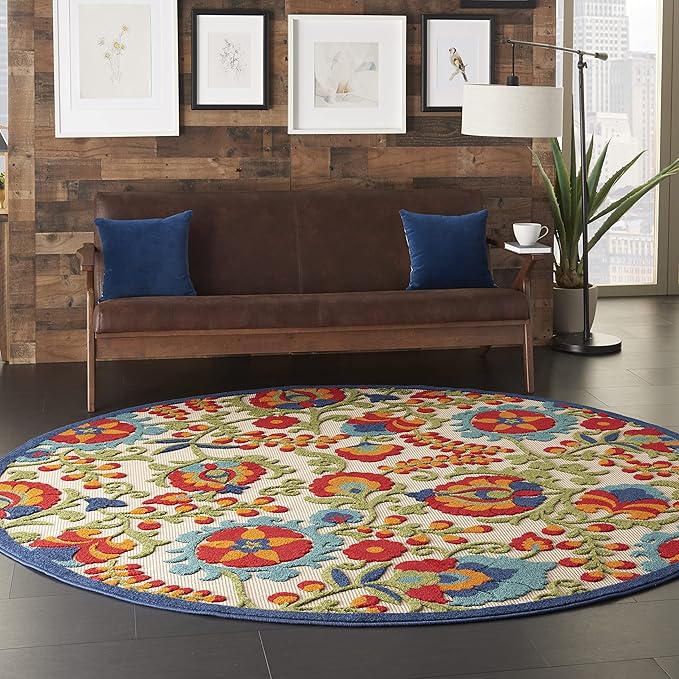 Nourison Home Aloha Multicolor 7'10" x Round Area Rug - Easy Clean, Non Shedding, Bed Room, Living Room, Dining Room, Kitchen (8' x Round)