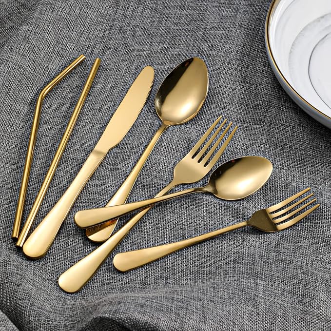 56 Pieces Gold Silverware Service for 8 Flatware Set with Straws Stainless Steel Utensils Cutlery Set Dishwasher Safe Flatware (Gold, 56)