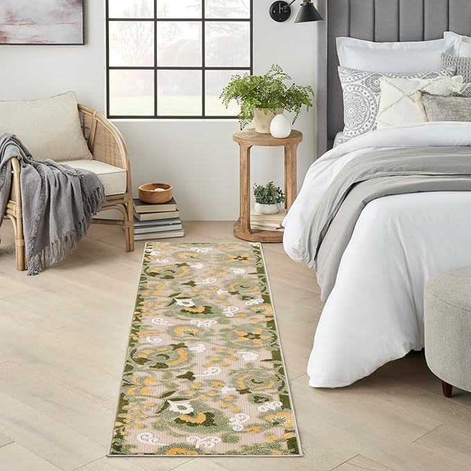 Nourison Home Aloha Ivory Green 2' x 6' Area Rug - Easy Clean, Non Shedding, Bed Room, Living Room, Dining Room, Kitchen (6' Runner)