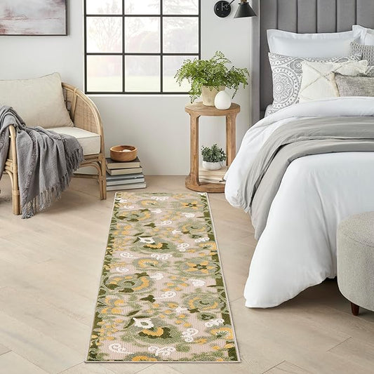 Nourison Home Aloha Ivory Green 2' x 6' Area Rug - Easy Clean, Non Shedding, Bed Room, Living Room, Dining Room, Kitchen (6' Runner)