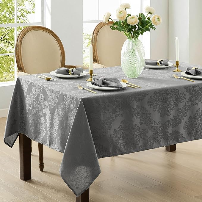 Newbridge Christmas Barcelona Damask Fabric Tablecloth, 52 x 70 Inch Rectangle, Grey – No Iron, Soil Resistant Table Cover for Dining, Parties and Holidays