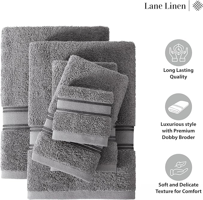 LANE LINEN 100% Mercerized Cotton Bath Towels Set of 18 – Zero Twist, 6 Bath, 6 Hand Towel & 6 Washcloths, Soft, Ideal for Spa Hotel & Home, Gentle on Body, Durable After Multiple Washes – Cool Grey