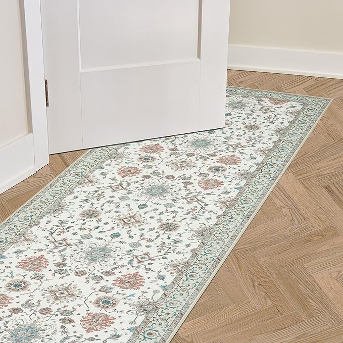 Laura Ashley Beige Aure Floral Machine Washable & Slip Resistant 26" x 72" Runner Rug