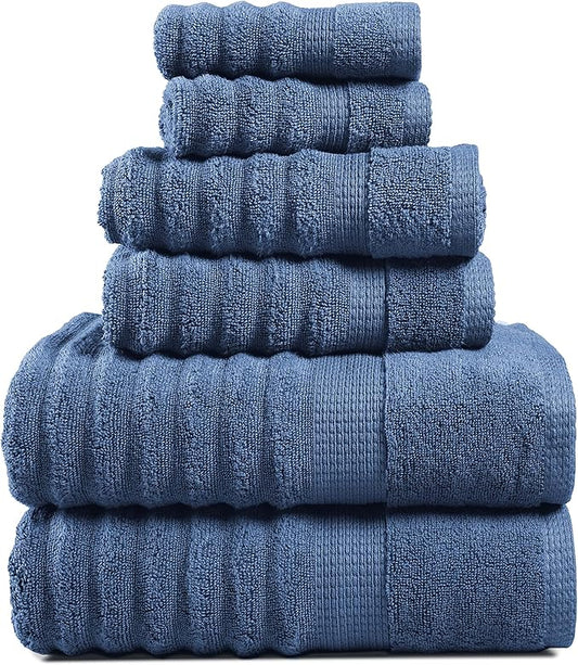 LANE LINEN Bathroom Towel Set - Premium Quality 100% Cotton Bath Towels Set of 6 Large Size - Quick Dry, Absorbent Hotel Towels for Bathroom Luxury - Includes 2 Bath, 2 Hand & 2 Wash Cloths - Denim