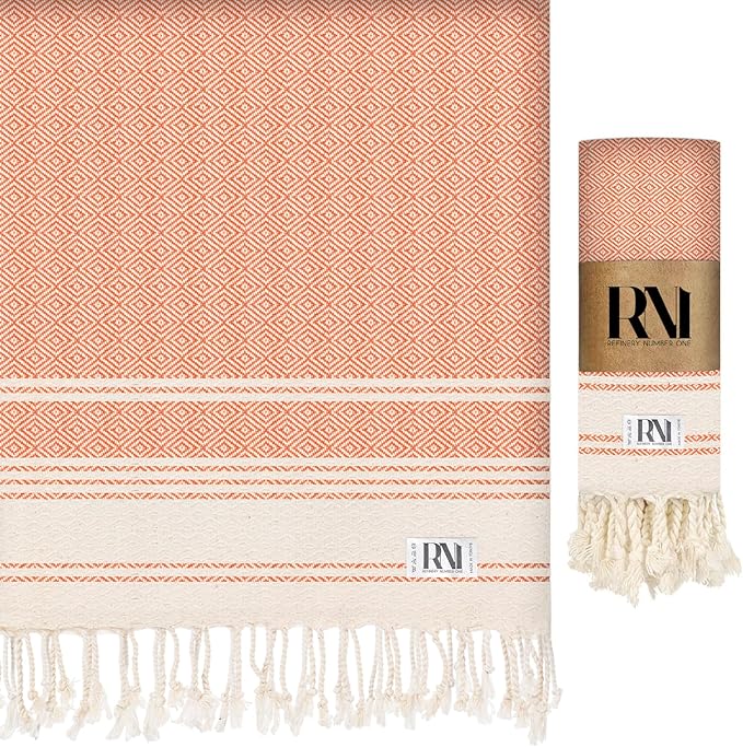 Refinery No. 1 Ottoman Diamond Weave Turkish Peshtemal Beach Bath Gym Yoga Towel 36” x 71”-Orange
