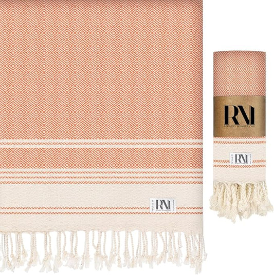 Refinery No. 1 Ottoman Diamond Weave Turkish Peshtemal Beach Bath Gym Yoga Towel 36” x 71”-Orange