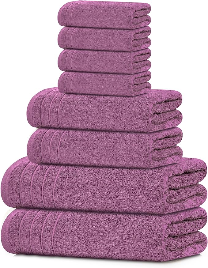 Tens Towels Pack of 8 Towels Set, 2 Extra Large Bath, 2 Hand, 4 Washcloths, 100% Cotton, Lighter Weight, Quicker to Dry, Super Absorbent, Perfect for Bathroom, Purple