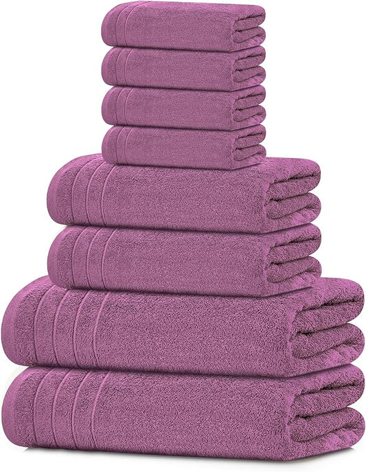 Tens Towels Pack of 8 Towels Set, 2 Extra Large Bath, 2 Hand, 4 Washcloths, 100% Cotton, Lighter Weight, Quicker to Dry, Super Absorbent, Perfect for Bathroom, Purple