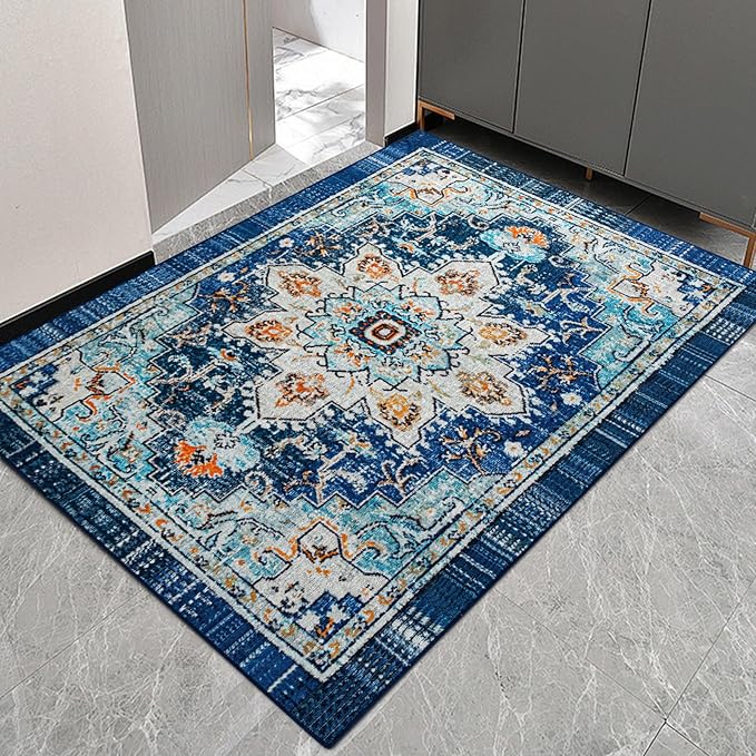 Easy-Going Boho Area Rug 3x5 Entryway Rug Washable Inside Door Mats for Home Entrance Non-Slip Tangerine Vintage Small Rugs for Entry Living Room Bedroom Kitchen Lightweight Carpet, Floral Aqua Yellow