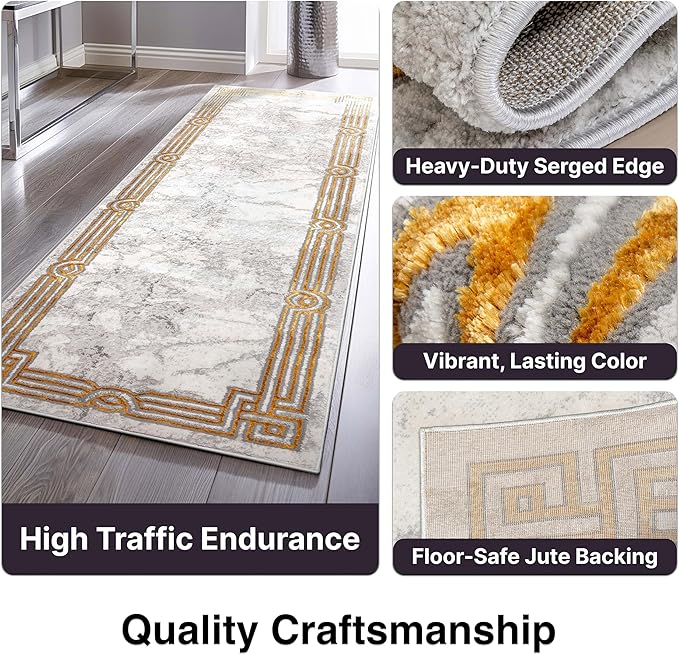 Well Woven Fairmont Collection Huntington Grey Gold & Ivory Marble Border Elegant & Soft 2x7 Runner Rug Perfect for Hallway & Bedroom Durable Stain Resistant & Easy to Clean