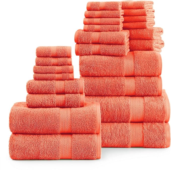 Lane Linen 100% Luxury Cotton Towel Set for Bathroom - 24 PCs - Absorbent, Super Soft & Quick Drying - 4 Bath, 4 Fingertip, 6 Hand Towels, 8 Washcloths, 2 Bath Sheets - Low Twist Towels - Living Coral