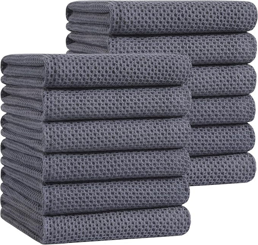 Homaxy 100% Cotton Waffle Weave Kitchen Dish Towels, Ultra Soft Absorbent Quick Drying Cleaning Towel, 20x28 Inches, 12-Pack, Dark Grey