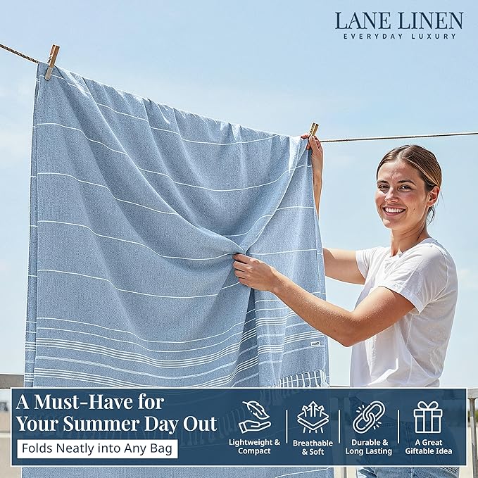 LANE LINEN Beach Towels Oversized - Picnic Blankets (82x82), Sand- Free Beach Accessories Must Haves for Family Vacations, Park Outings with Easy Carry, Quick Setup & Dry, Machine Washable – Sky Blue