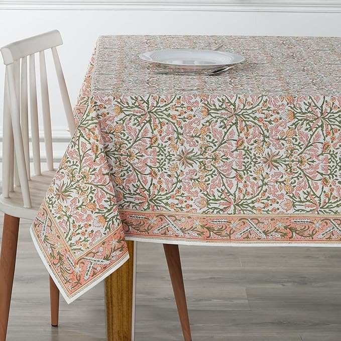 Ridhi Sassy Salmon Emerald Green Hand Block Print Cotton Rectangle Tablecloth 108" x 70" inches Reusable Table Cover Decorative Everyday Use for Dining, Farmhouse, Home, Party, Festive, Wedding, Fall