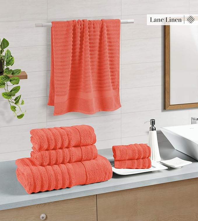 LANE LINEN Bathroom Towels Set - 2 Bath, 2 Hand Towels for Bathroom and 2 Wash Cloths for Body - Highly Absorbent, Soft, Premium 100% Cotton Bath Towel Set for Everyday Use (Set of 6) - Tiger Lily