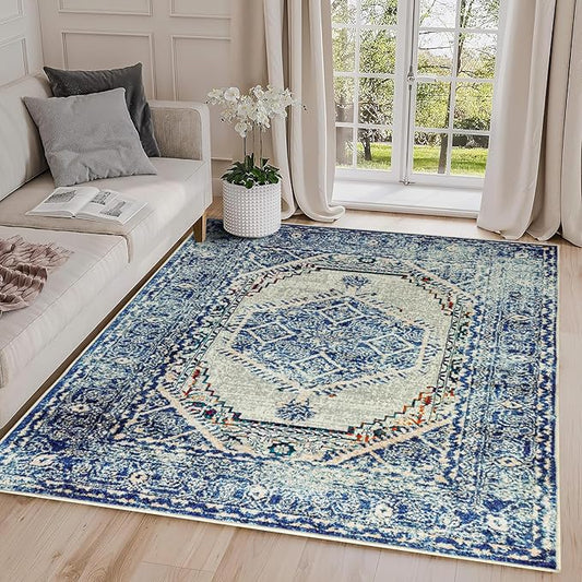 Easy-Going Large 8x10 Washable Boho Area Rug for Living Room Non-Slip Bedroom Rug Low Pile Lightweight Medallion Distressed Throw Carpet for Dining Room Kitchen Home Office, Vintage Blue Cream