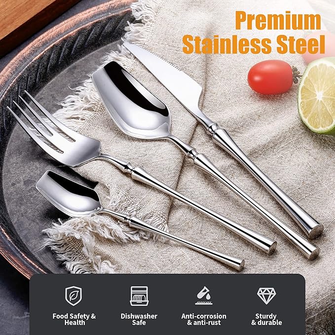 Lemeya 24-Piece Silverware Set for 6,Modern 18/10 Stainless Steel Flatware Set,Unique Rustic Cutlery Utensils Set,Spoon and Fork Set for Home, Restaurant,Wedding,Mirror Polished,Dishwasher Safe