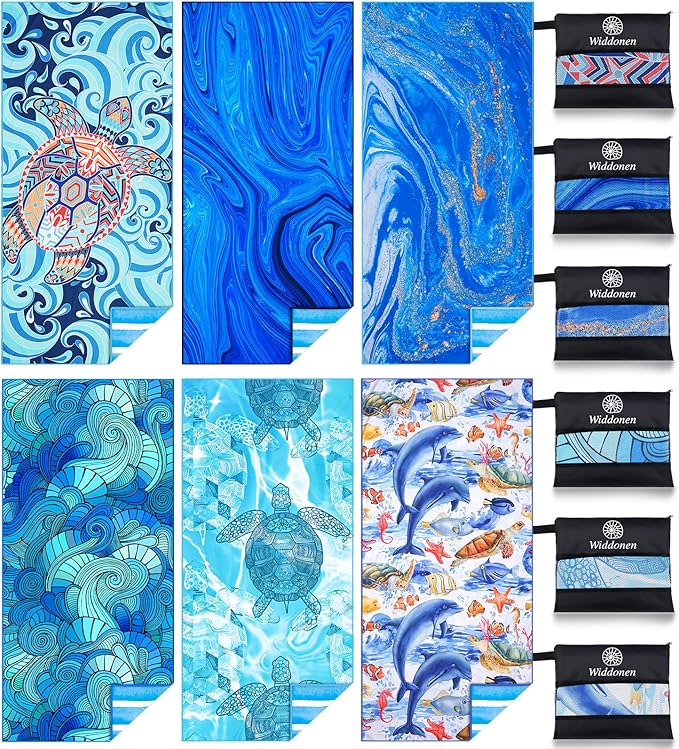 6 Pack Microfiber Lightweight Beach Towel Sand Free Quick Dry Absorbent Thin Compact Towels for Swimming Pool Camping Beach Accessories Large Easy Pack Travel Things for Vacation Essentials Gift