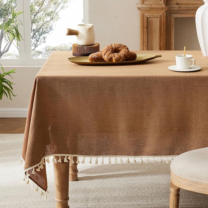 Linen Tablecloth with Tassels, Farmhouse Style Brown Tablecloth, Water Resistant Burlap Tablecloths for Rectangle Table, 60x84 Inch Caramel
