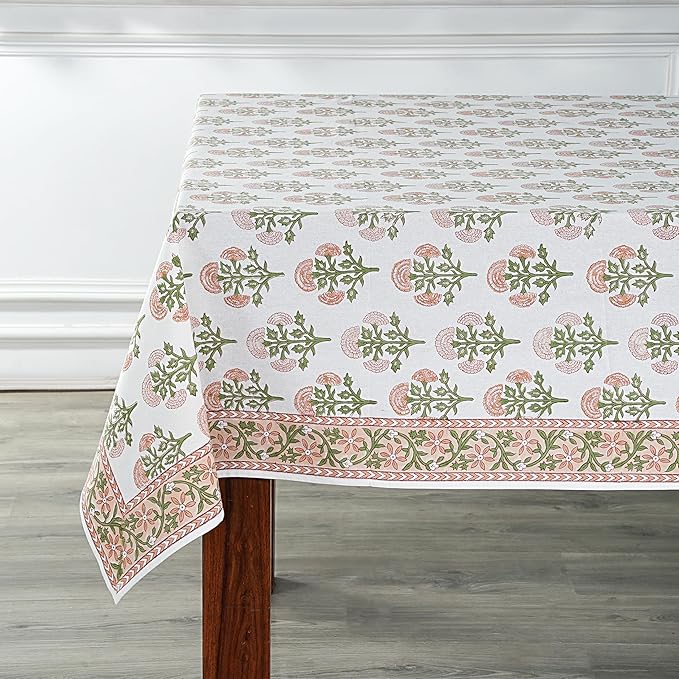 Ridhi Mughal Buta Peach Hand Block Print Cotton Rectangle Tablecloth 102" x 48" inches Reusable Table Cover Decorative Everyday Use for Dining, Farmhouse, Home, Party, Festive, Wedding, Fall