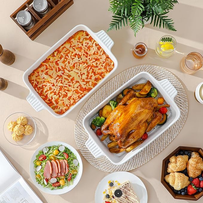 MALACASA 4.4 QT Baking Dish with Rack, 9x13 Large Casserole Dish for Oven, Ceramic Baking Pan with Rack, Rectangular Lasagna Pan Deep with Handles for Baking, Durable Microwave Oven Safe, White