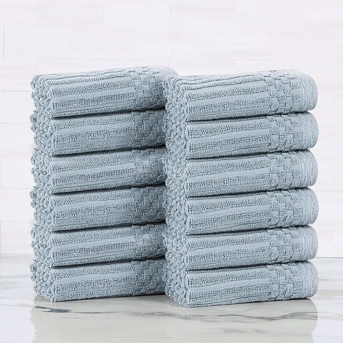 Superior Cotton Face Towel/Washcloth Set of 12, Daily Use for Bathroom, Guest Bath, Quick Dry Small Towels, Face, Hand, Gym, Spa, Hotel, Absorbent, Essentials, Ribbed, Soho Collection, Slate Blue