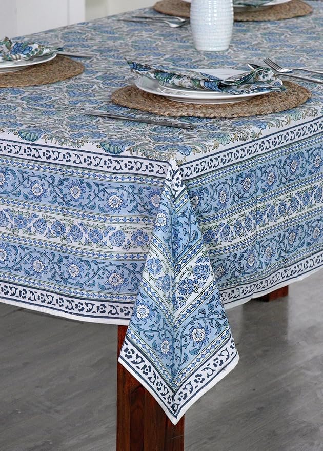 Ridhi Asparagus Green Hand Block Print Cotton Rectangle Tablecloth 70 x 108 inch-Reusable Table Cover Decorative Everyday Use for Dining Room, Farmhouse, Thanksgiving, Christmas Wedding, Christmas