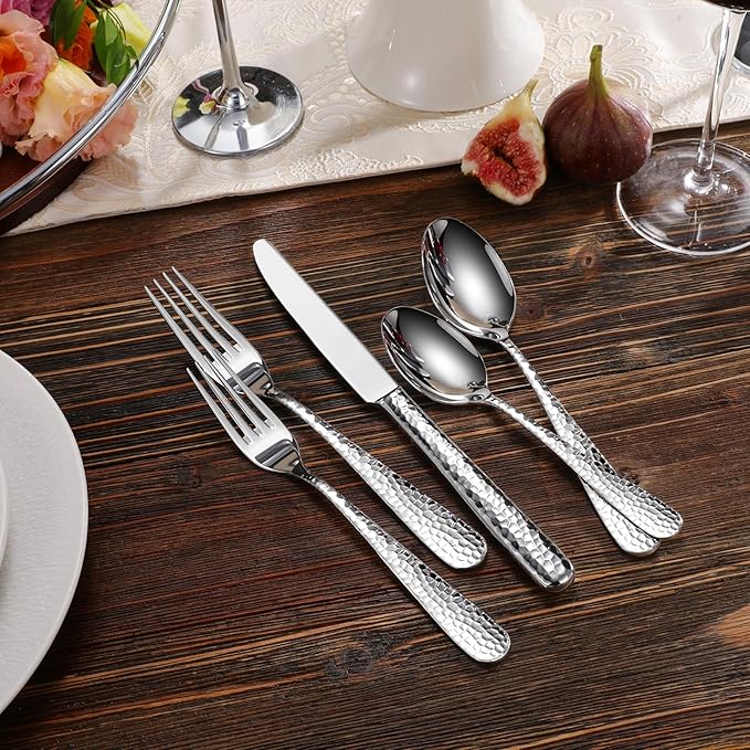 KEAWELL Premium 20/45/65 Piece Louise Hammered Silverware Set with Round Edge, 18/10 Stainless Steel, Service for 4/8/12, Fine Flatware Set, Dishwasher Safe (20)