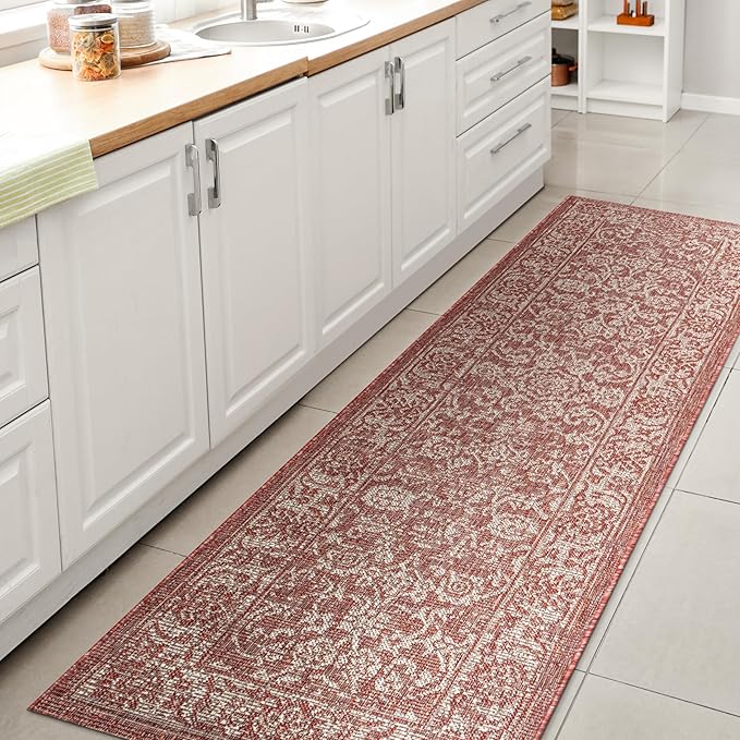 JONATHAN Y Weave Floral Indoor Outdoor Runner Rug 2X8 Red/Taupe, Tela Bohemian Textured for Backyard, Patio, Porch, Easy-Cleaning, High Traffic, Pet-Friendly, Non-Shedding (SMB100A-28)