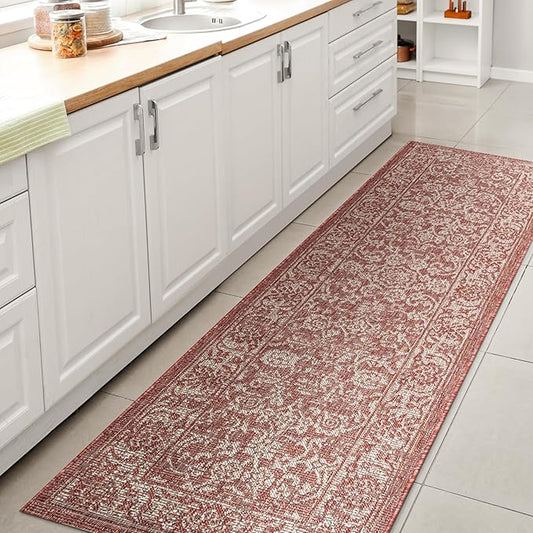 JONATHAN Y Weave Floral Indoor Outdoor Runner Rug 2X8 Red/Taupe, Tela Bohemian Textured for Backyard, Patio, Porch, Easy-Cleaning, High Traffic, Pet-Friendly, Non-Shedding (SMB100A-28)