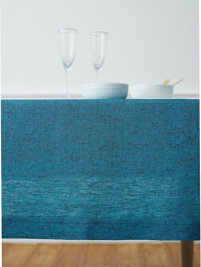Solino Home Linen Tablecloth 60 x 132 Inch - 100% Pure Linen Chambray Teal Table Cloth for Rectangle Tables - Athena, Machine Washable Tablecloth