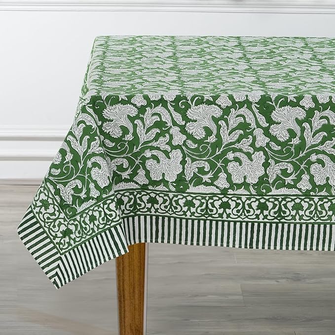 Ridhi Pantone Artichoke Hand Block Print Cotton Rectangle Tablecloth 190" x 72" inches Reusable Table Cover Decorative Everyday Use for Dining, Farmhouse, Home, Party, Festive, Wedding, Fall