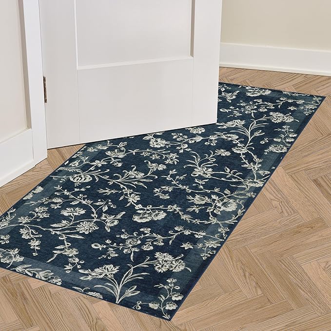 Laura Ashley Dark Navy Aria Floral Border Machine Washable & Slip Resistant 2 Piece Set - 26" x 45" Accent Rug & 26" x60" Runner Rug