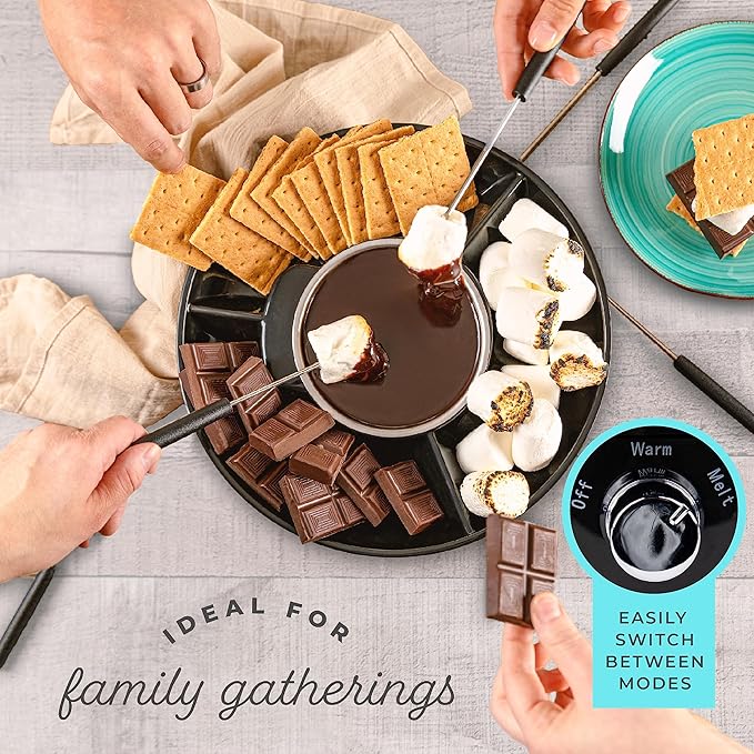 Kusini Electric Fondue Pot Set - Chocolate Fondue Kit - Temperature Control, Detachable Serving Trays, & 4 Roasting Forks - Gift Set & Date Night Idea. Serve at Movie Night or Game Night.