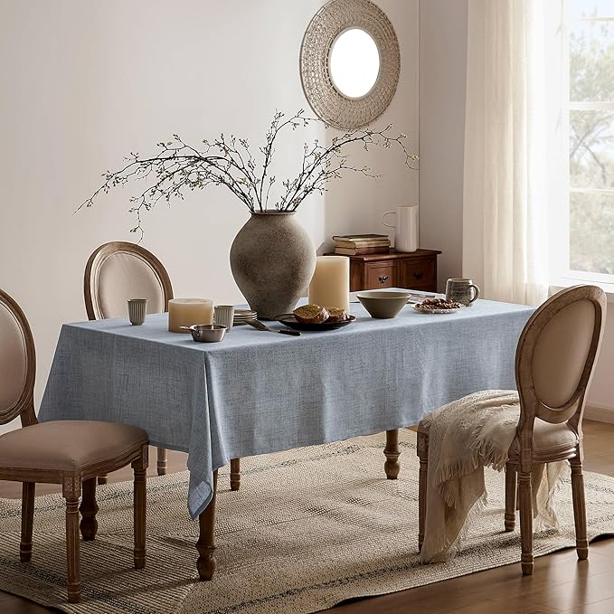 Linen Tablecloth for Rectangle Table 52x70 Inch Blue, Farmhouse Style Blue Tablecloth, Water Resistant Burlap Tablecloths for Dining Table Farmhouse Kitchen