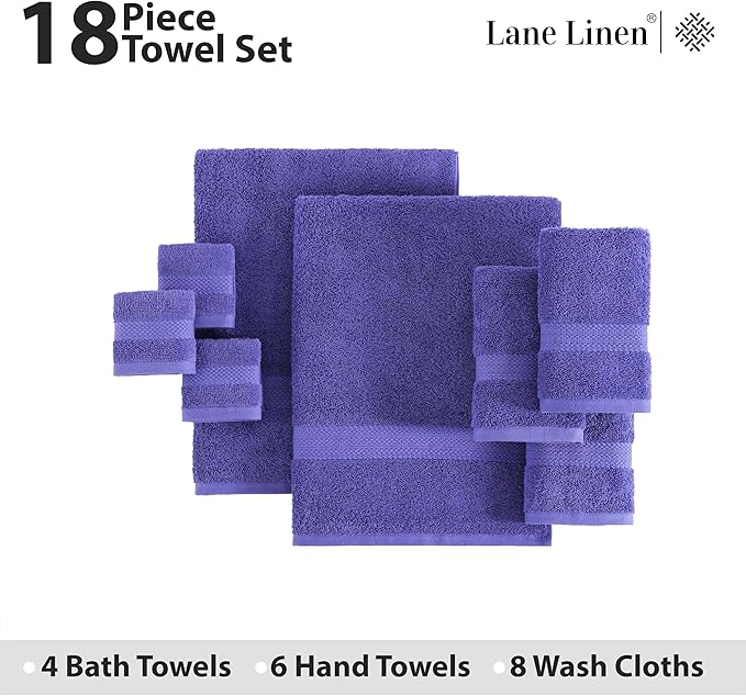 LANE LINEN Cotton Bath Towel Set - 18 PCs - 4 Shower Towels, 8 Washcloths, 6 Turkish Hand Towels for Bathroom - Sustainably Produced, Ultra Soft & Absorbent - Blue Irish