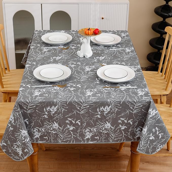 Walrus Heavy Duty Vinyl Tablecloth with Flannel Backing Waterproof Oil-Proof Plastic Table Cloth Stain-Resistant Wipeable Rectangle or Square Table Cover for Indoor and Outdoor (Grey Leaf,52x70 Inch)
