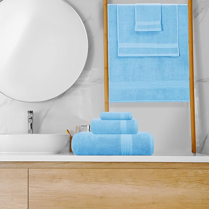 GLAMBURG Ultra Soft 8-Piece Towel Set - 100% Pure Ringspun Cotton, Contains 2 Oversized Bath Towels 27x54, 2 Hand Towels 16x28, 4 Wash Cloths 13x13 - Ideal for Everyday use, Hotel & Spa - Sky Blue